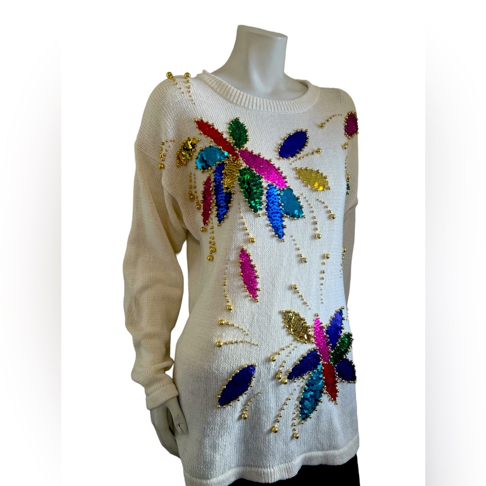 Victoria Harbour Sequins Cream Sweater Crewneck Embellished Pullover Size Small